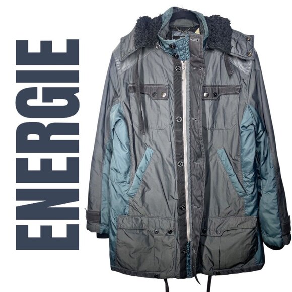ENERGIE VINTAGE Y2K INSULATED MID LENGTH MOCK NECK PARKA HOOD GREEN GRAY, LARGE - Picture 4 of 12